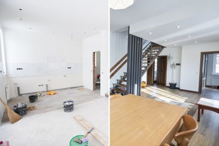 Before-and-after comparison of open-concept living room remodel in La Canada Flintridge